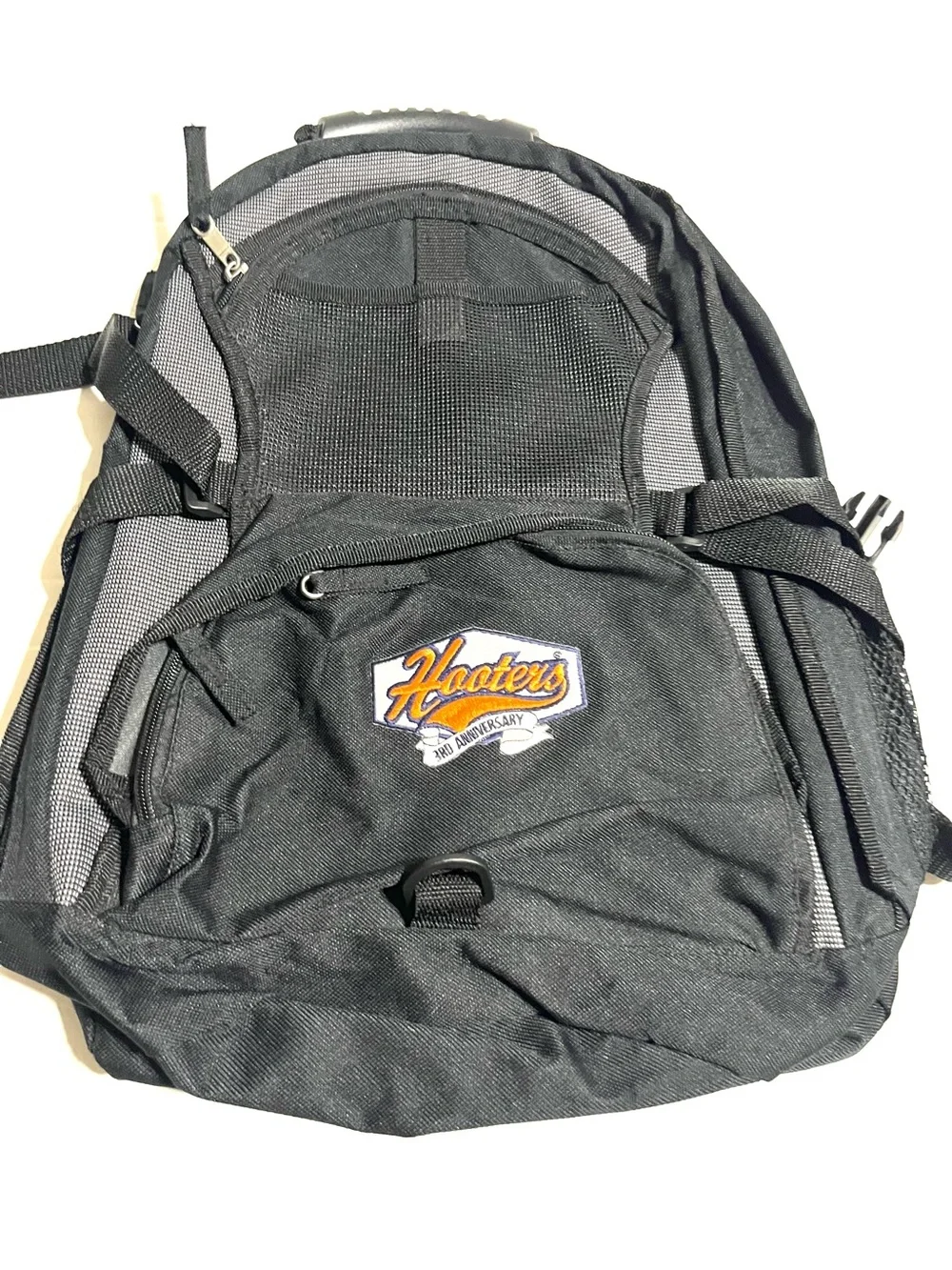 Hooters Black Gray Backpack with Orange Logo Patch